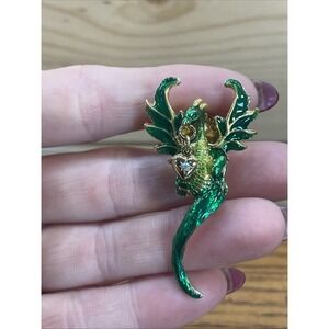 Signed Kirks Folly Dragon Pin Brooch Green Enamel Folly Dust Crystal Bead Dangle